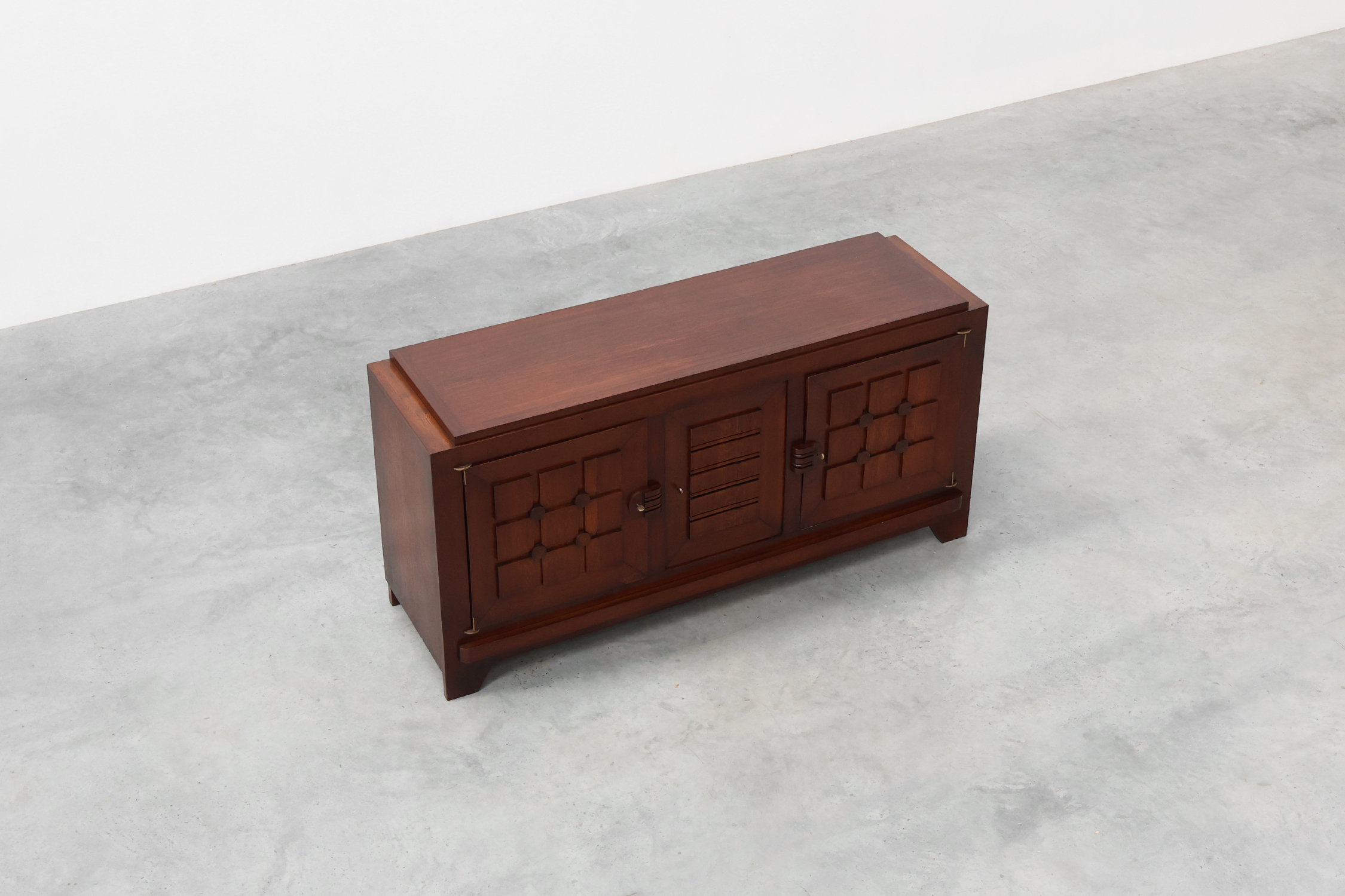 Art Deco carved geometric sideboard by Charles Dudouyt in oak, France ca. 1940thumbnail